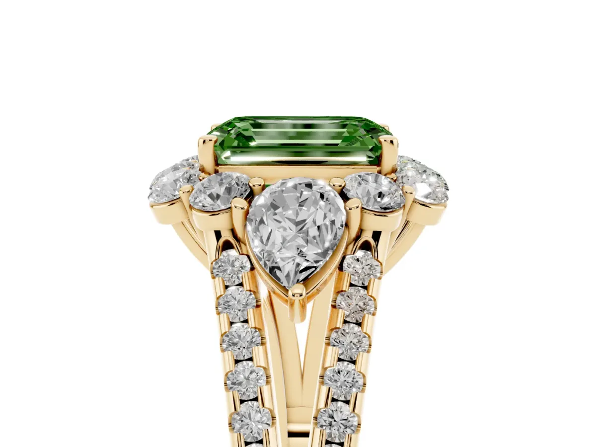 Fancy Green Emerald Cut Halo Split Shank Diamond Engagement Ring with Prong Setting Yellow gold