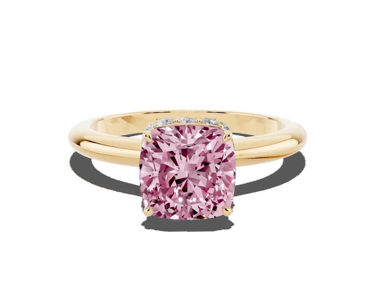 Fancy Pink Cushion Cut Brilliant Solitaire Engagement Ring with Six-Prong Setting and Classic Band Yellow gold