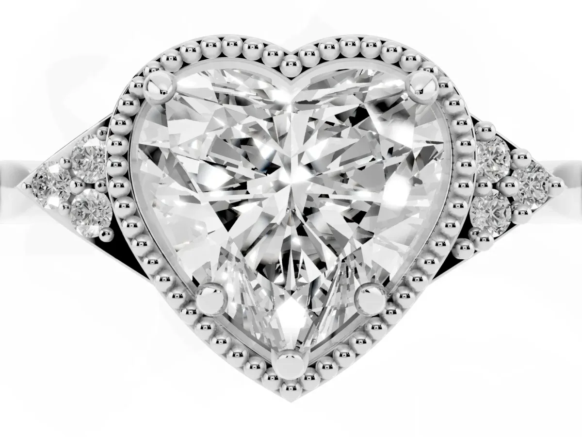 Milgrain Heart Cut Cut Diamond Ring with Tapered Pave Band and Four Prong Setting White gold