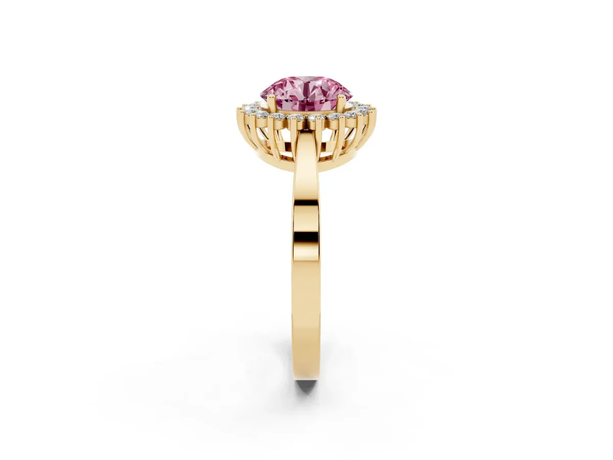 Fancy Pink Round Cut Cut Diamond Halo Ring with Round Brilliant Halo and Solitaire Band Yellow gold