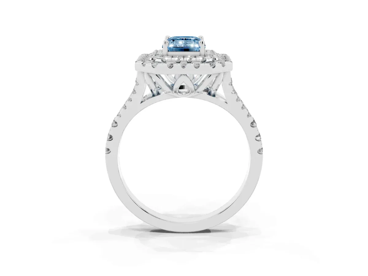 Fancy Blue Double Halo Emerald Cut Diamond Pavé Split Shank Ring with Prong Setting Platinum