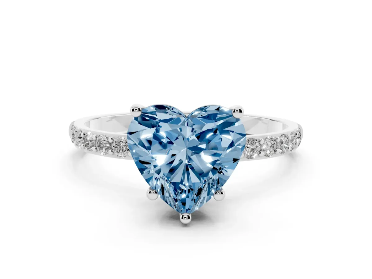 Fancy Blue Heart Cut Diamond Solitaire Ring with Round Pavé Shoulders and Prong Setting Silver