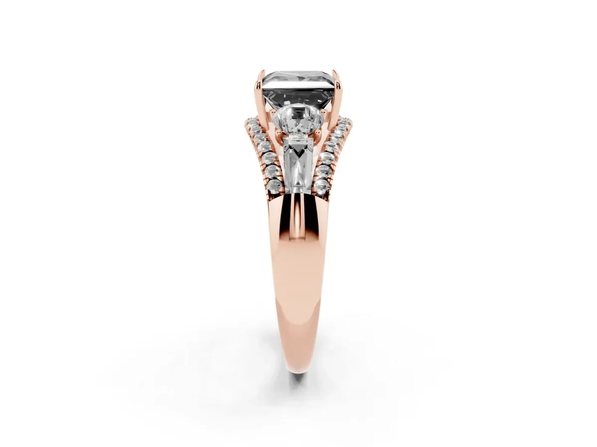 Fancy Black Three-Stone Princess Cut Diamond Engagement Ring with Pave Band and Prong Setting Rose gold
