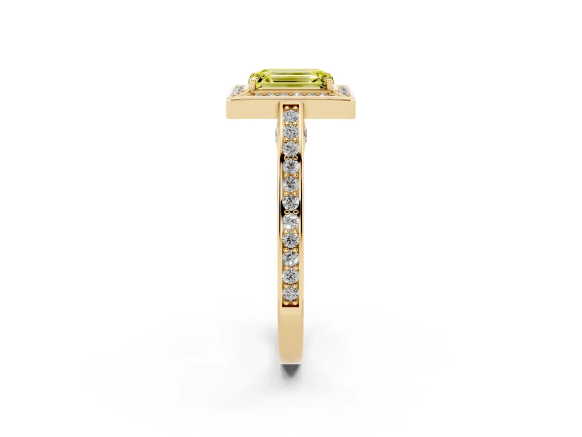 Fancy Yellow Emerald Cut Cut Halo Pave Split Shank Prong Setting Ring Yellow gold