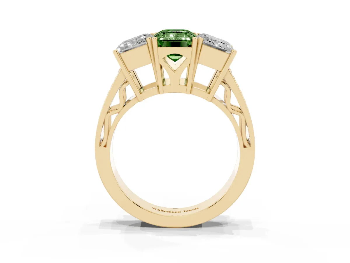 Fancy Green Emerald Cut Diamond Three-Stone Ring with Prong Setting and Textured Band Yellow gold