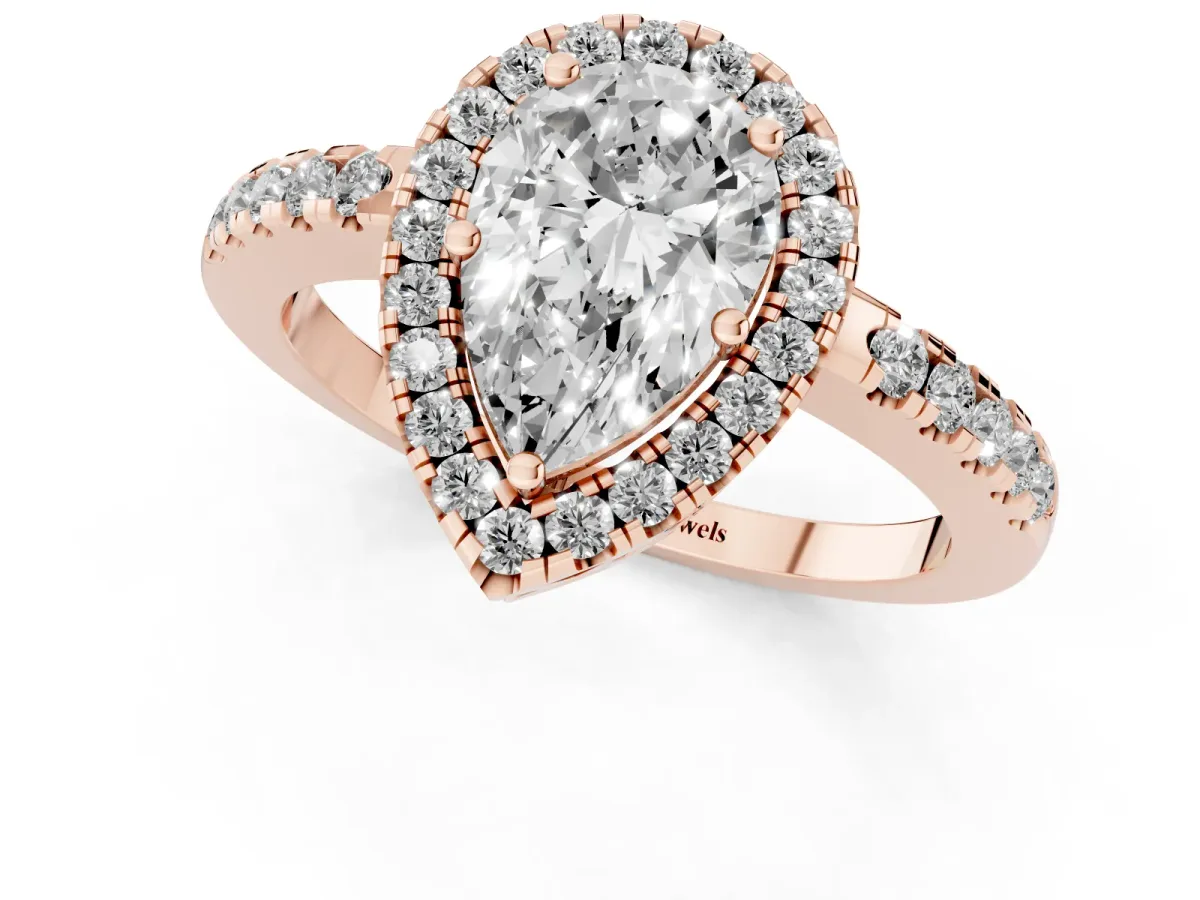 Pear Cut Halo Diamond Engagement Ring with Pavé Band and Four-Prong Setting Rose gold