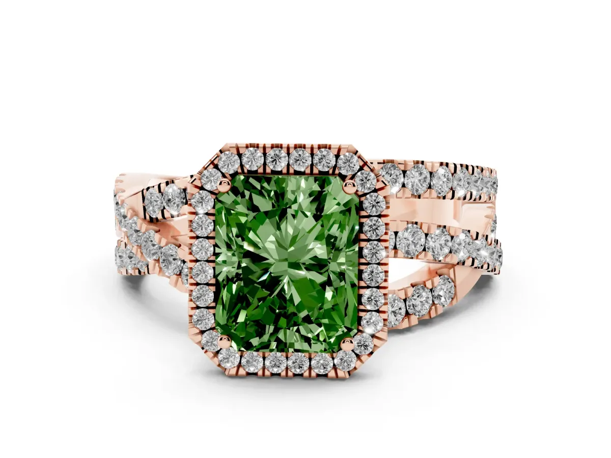Fancy Green Radiant Cut Diamond Halo Ring with Round Split Shank and Prong Setting Rose gold
