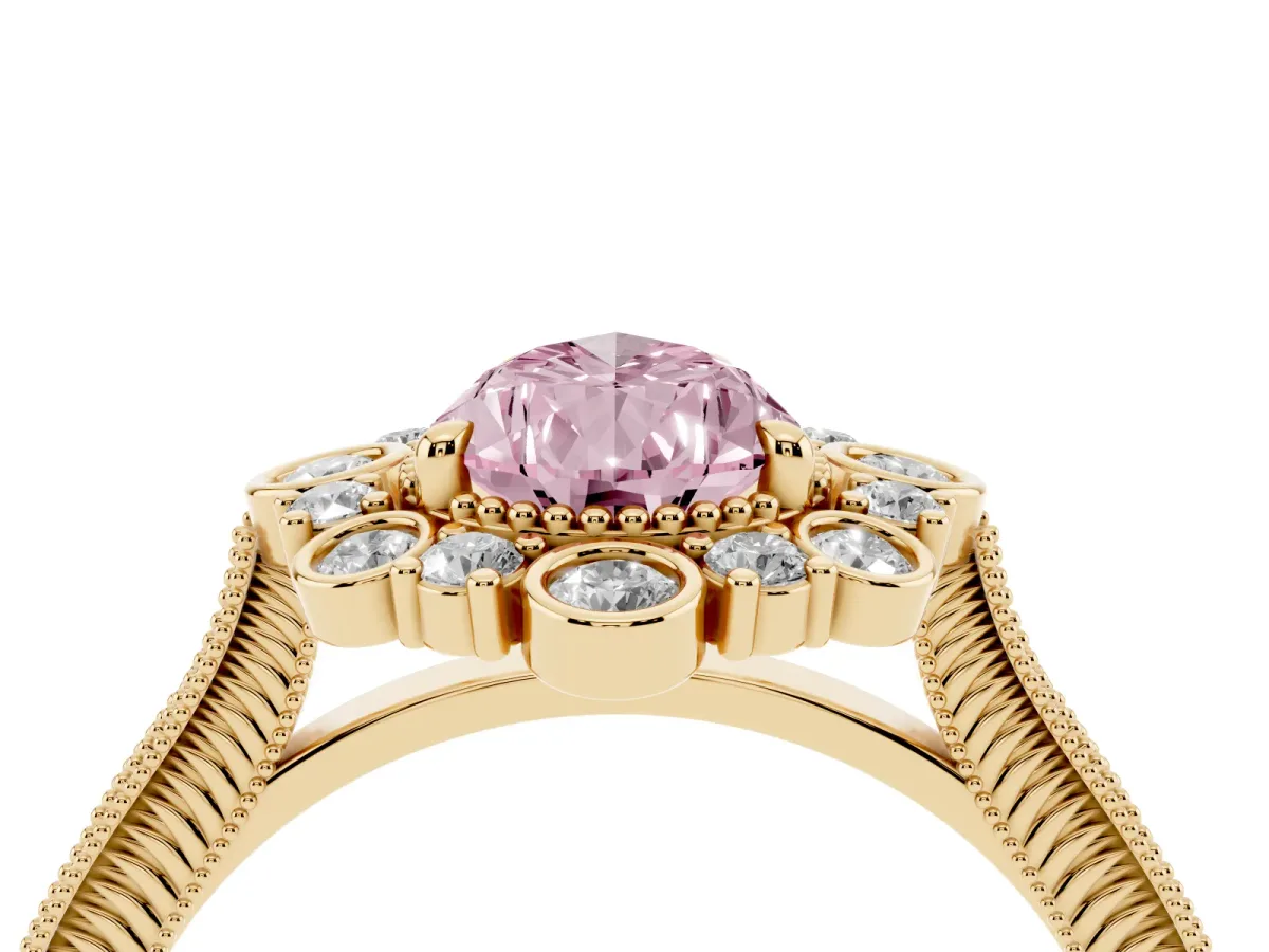 Fancy Pink Pear Cut Halo Milgrain Pave Diamond Ring with Four-Prong Setting Yellow gold