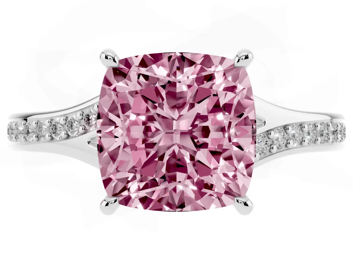 Fancy Pink Cushion Cut Diamond Solitaire Ring with Pavé Band and Prong Setting Silver