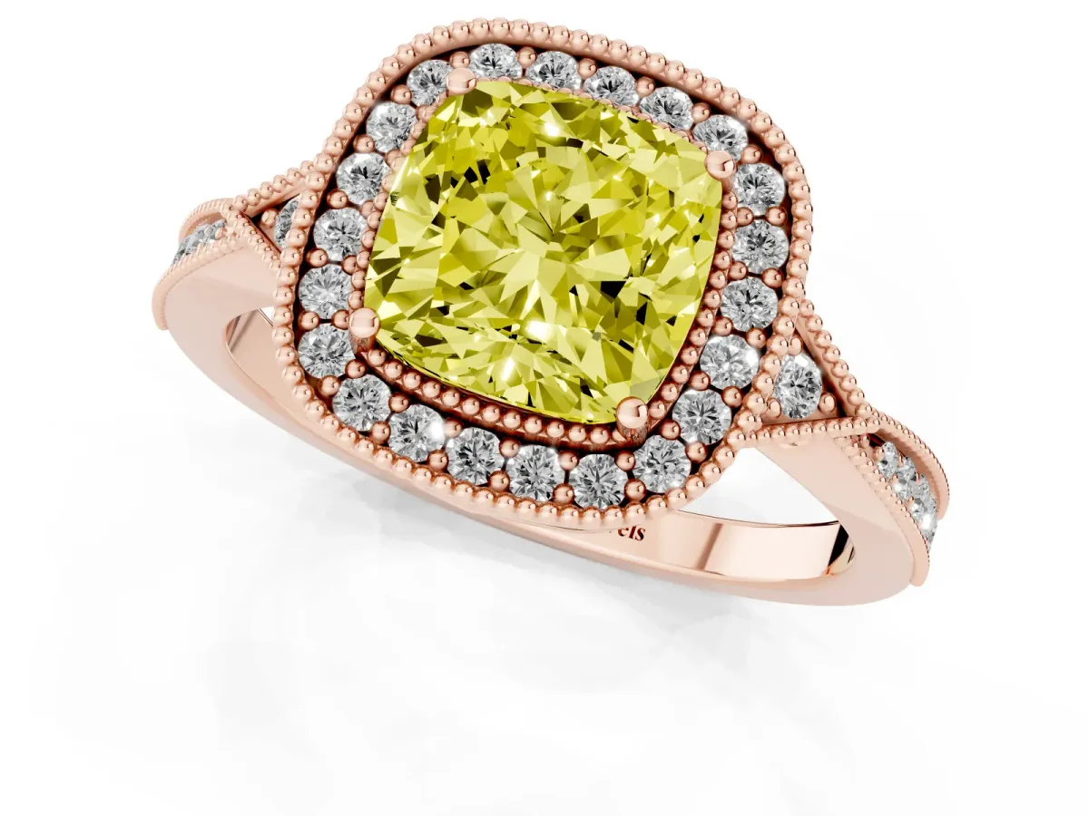 Fancy Yellow Cushion Cut Halo Round Diamond Milgrain Pave Engagement Ring Rose gold