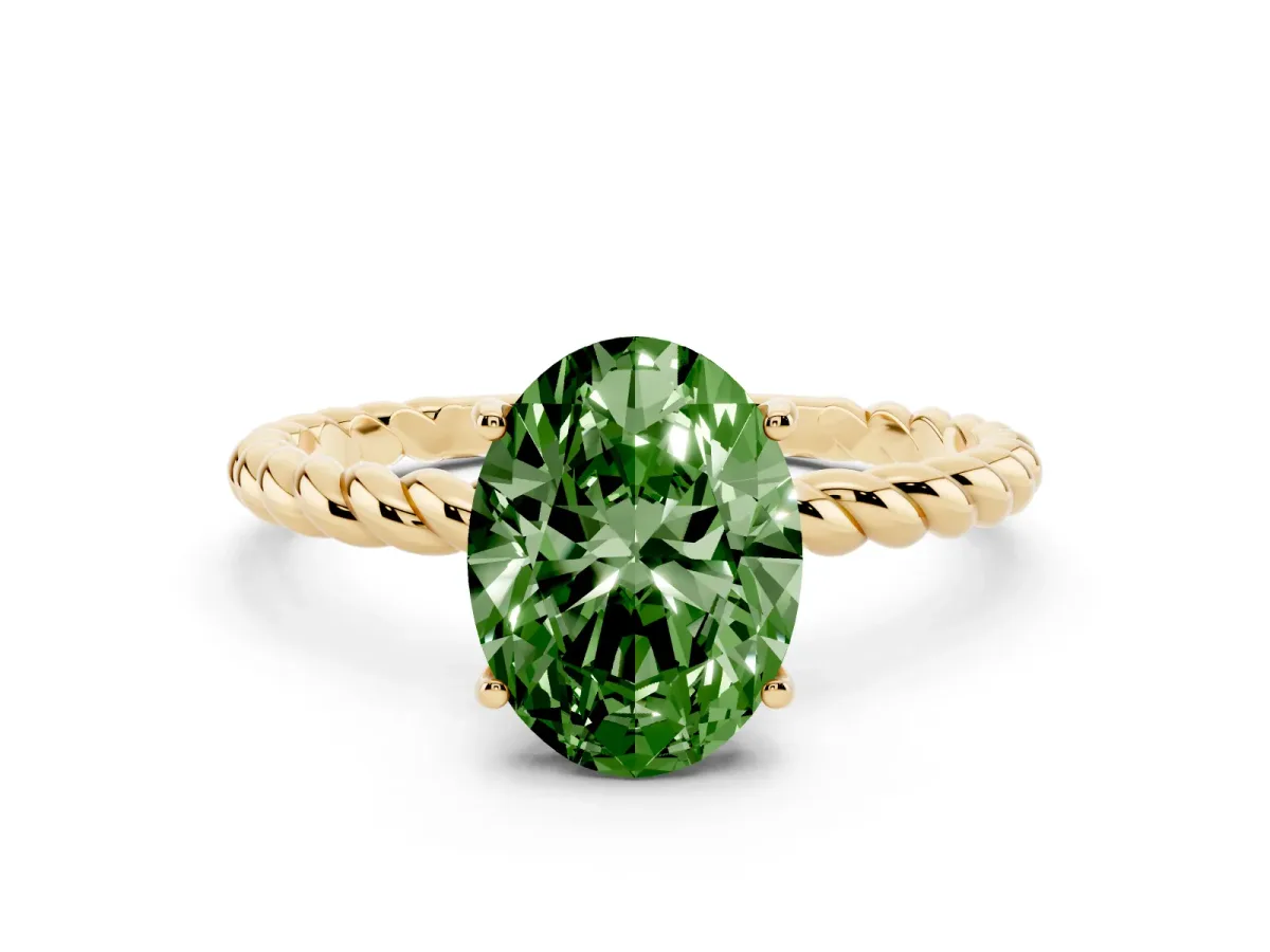 Fancy Green Oval Cut Solitaire Twisted Band 4-Prong Ring Yellow gold