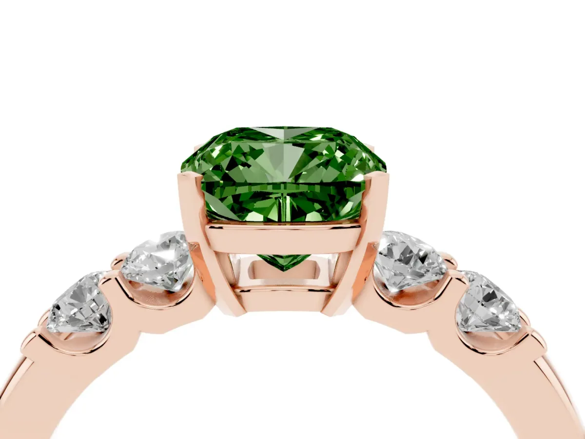 Fancy Green Cushion Cut Brilliant Cut Diamond Five-Stone Prong Set Engagement Ring with Channel Band Rose gold