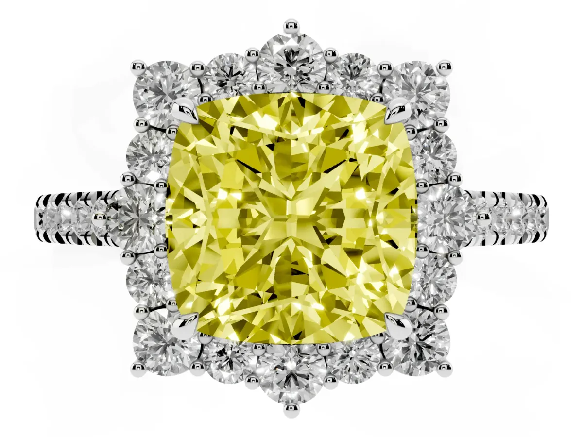 Fancy Yellow Cushion Cut Halo Diamond Ring with Pavé Band and Prong Setting Silver