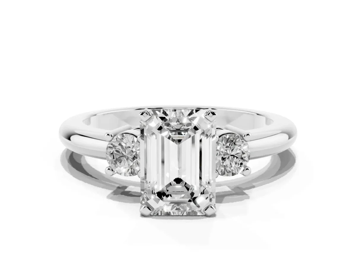 Three-Stone Emerald Cut Cut Diamond Solitaire with Prong Setting and Classic Band Silver