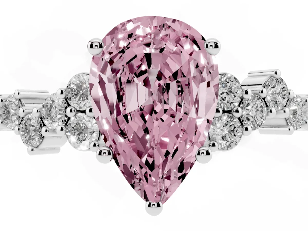 Fancy Pink Pear Cut Diamond Scattered Round Accent Ring with Prong Setting Silver