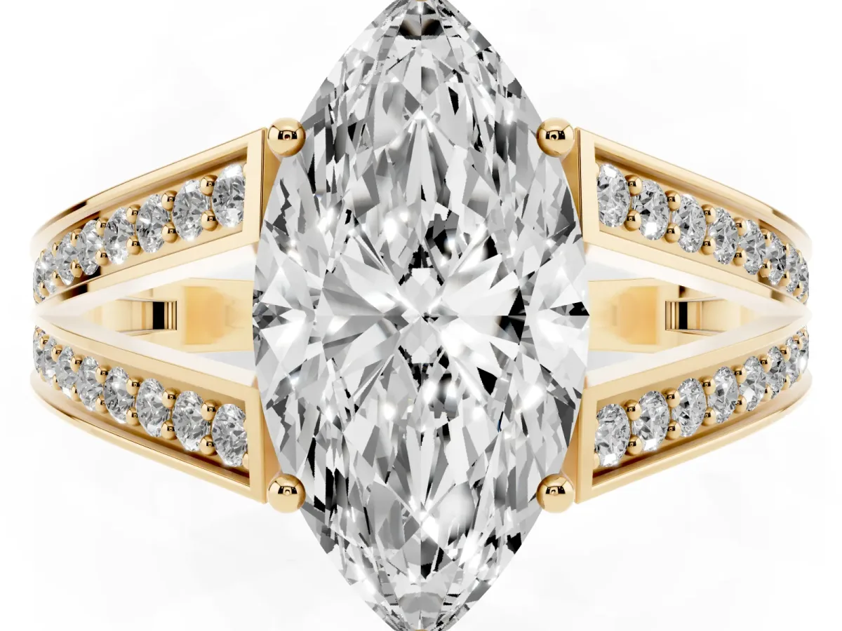 Marquise Cut Diamond Split Shank Ring with Pavé Band and Four-Prong Setting Yellow gold