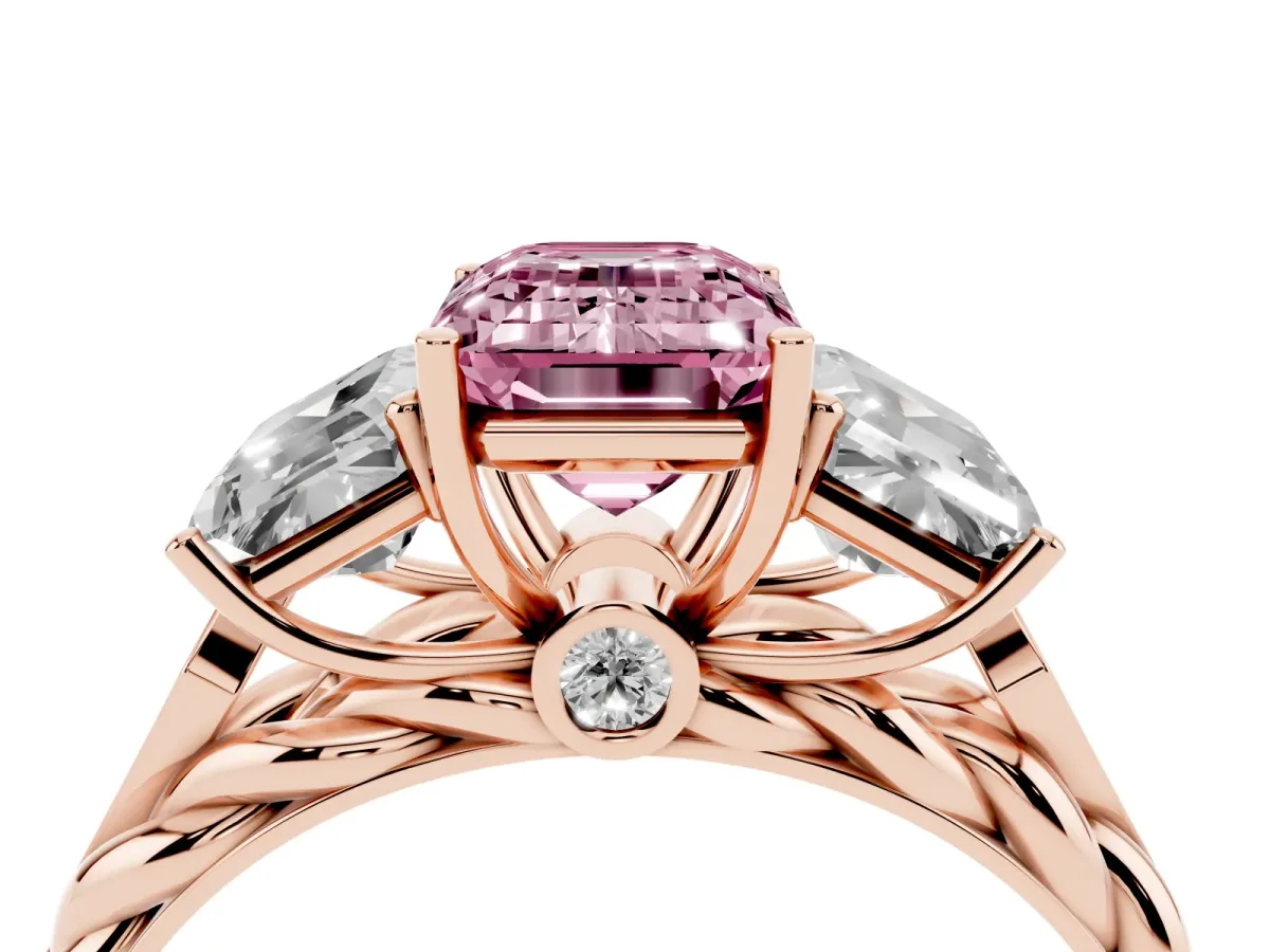 Fancy Pink Three-Stone Emerald Cut Diamond Braided Band Ring with Four-Prong Setting Rose gold