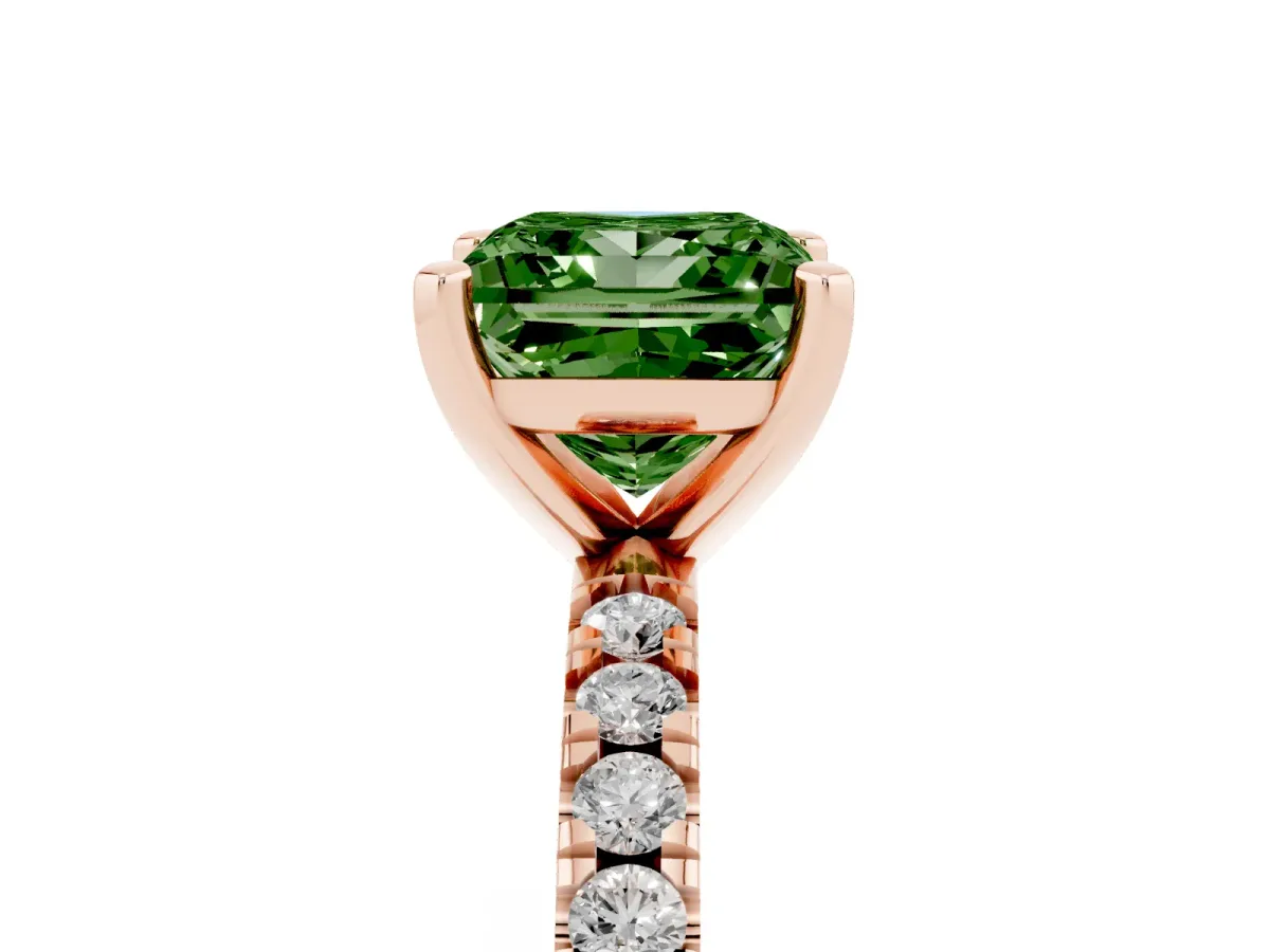 Fancy Green Princess Cut Diamond Pavé Band Solitaire with Four-Prong Setting Rose gold