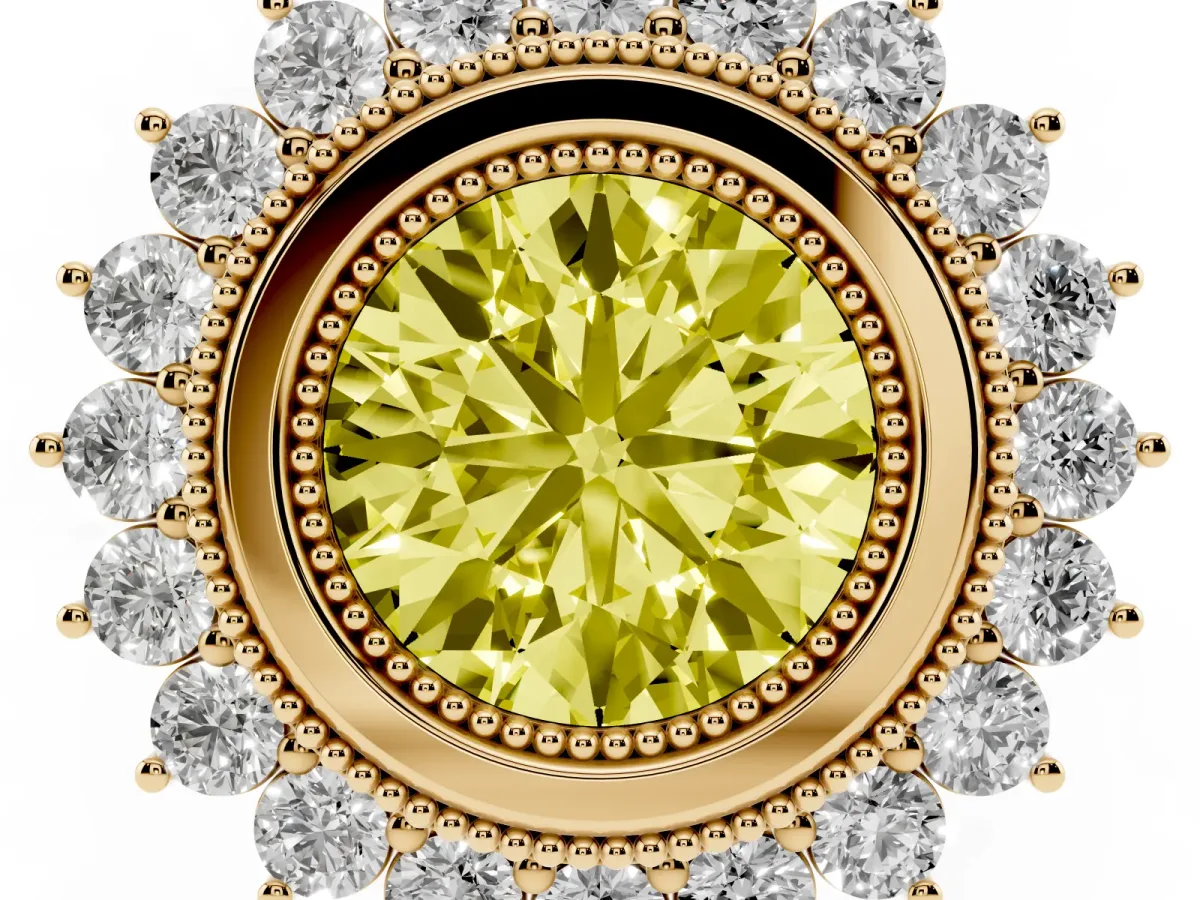 Fancy Yellow Round Cut Halo Diamond Ring with Milgrain Edge and Round Prong Setting Yellow gold