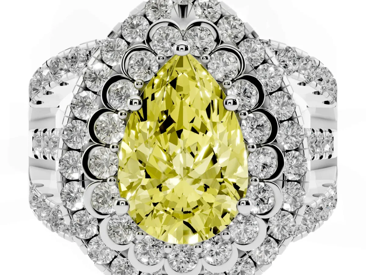 Fancy Yellow Pear Cut Diamond Double Halo Ring with Round Pavé Split Shank and Prong Setting Silver