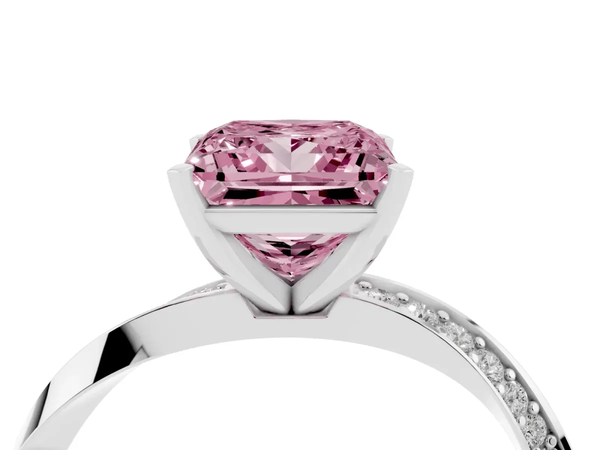 Fancy Pink Princess Cut Diamond Engagement Ring with Side Stone Accents and Four-Prong Setting Platinum