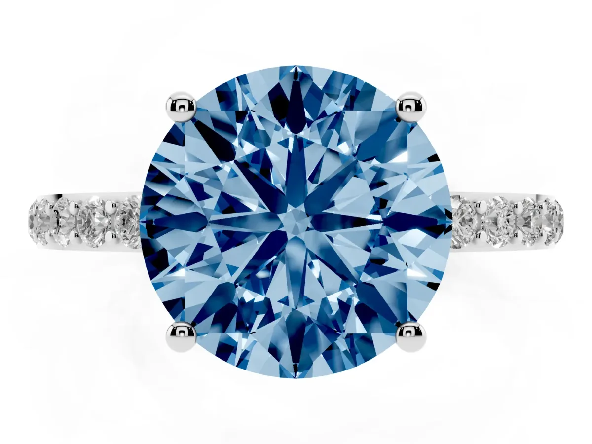 Fancy Blue Round Cut Diamond Solitaire Ring with Round Pavé Shoulders and Prong Setting Silver