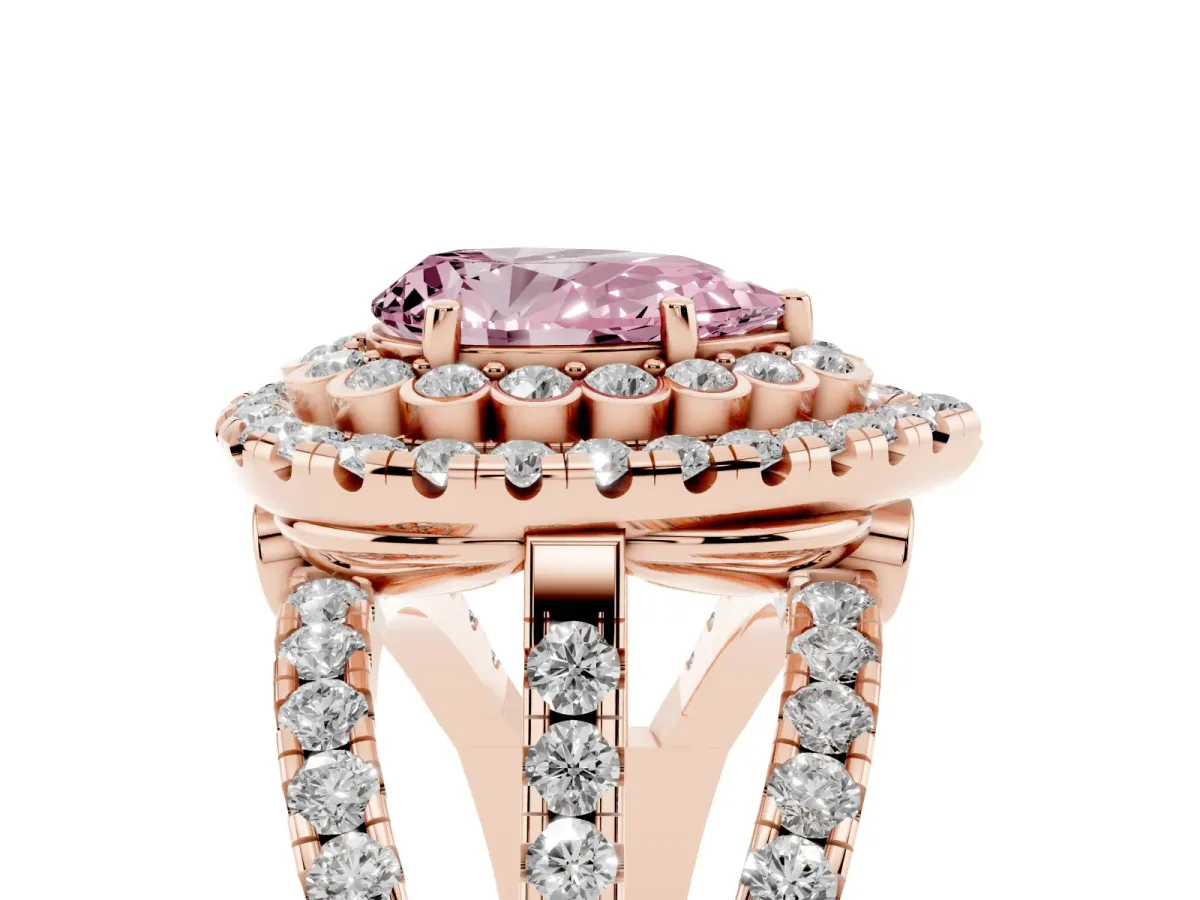 Fancy Pink Pear Cut Diamond Double Halo Ring with Round Pavé Split Shank and Prong Setting Rose gold
