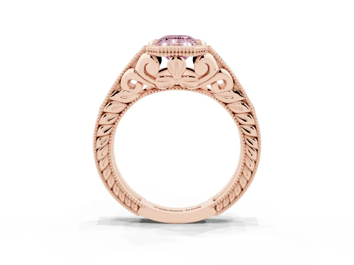 Fancy Pink Bezel Set Emerald Cut Diamond Milgrain Pave Engagement Ring Rose gold