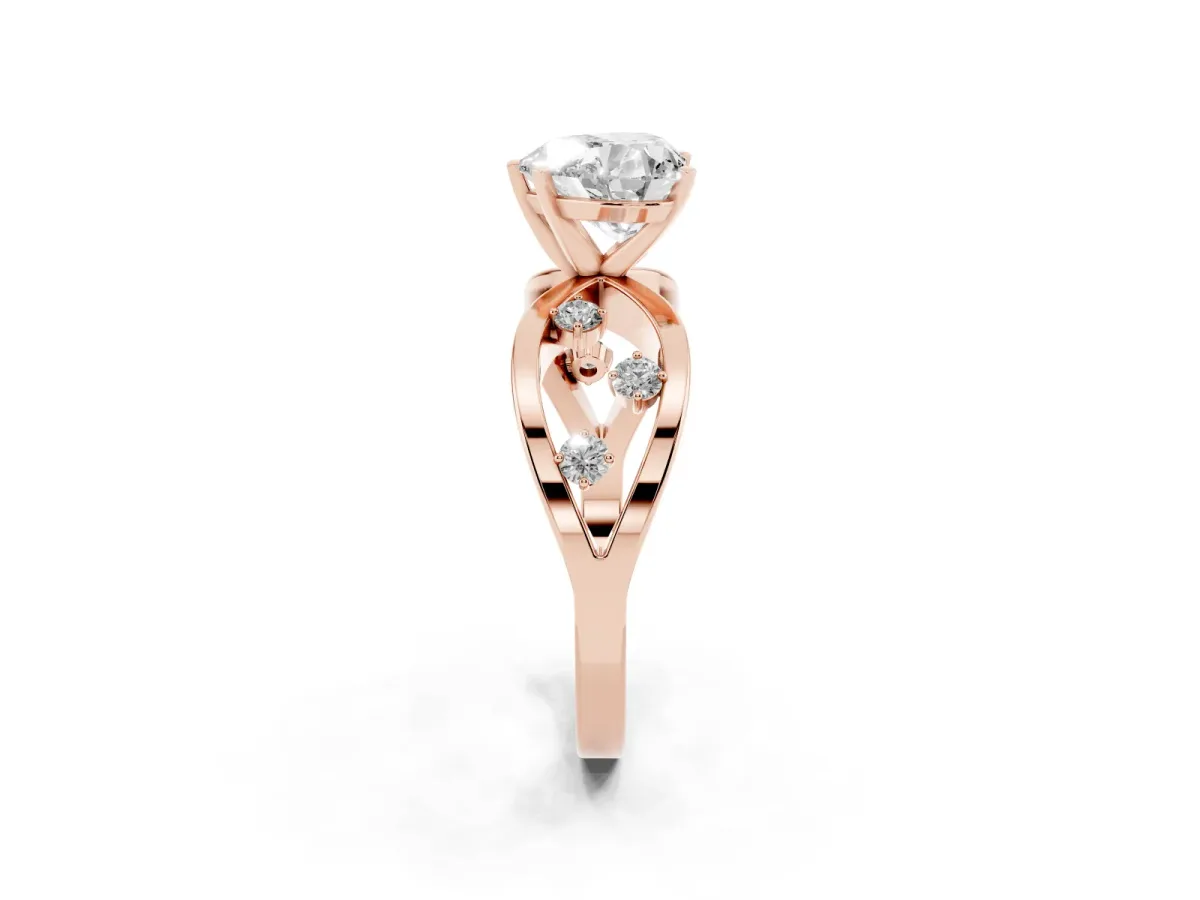 Heart Cut Cut Solitaire Diamond with Side Stones on Criss-Cross Band and Four-Prong Setting Rose gold