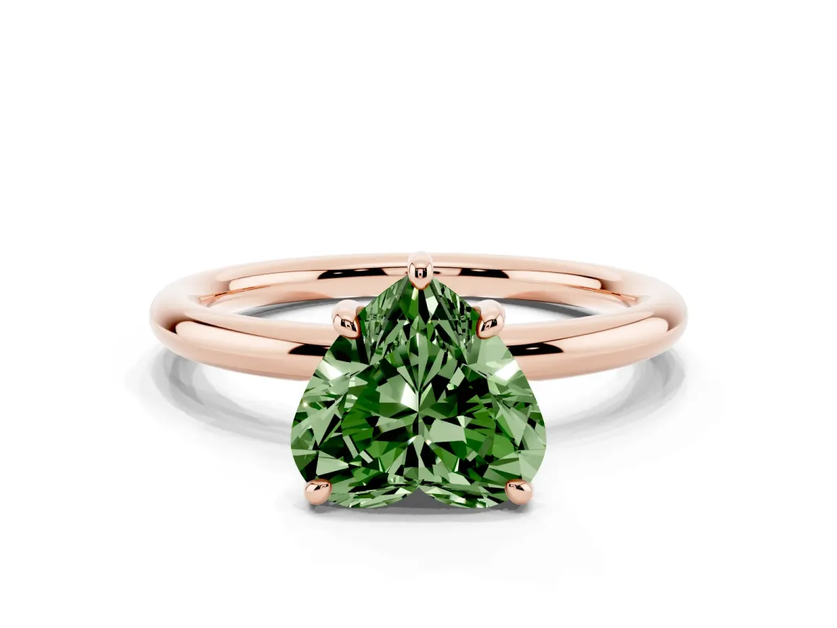 Fancy Green Heart Cut Solitaire Diamond Ring with Four-Prong Setting on a Plain Band Rose gold
