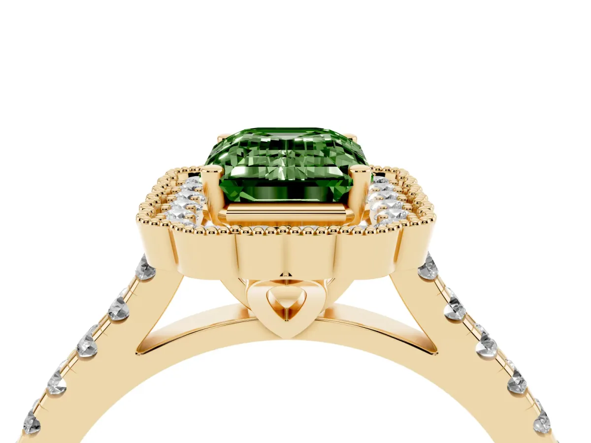 Fancy Green Emerald Cut Cut Diamond Milgrain Floral Halo Engagement Ring with Pavé Band Yellow gold