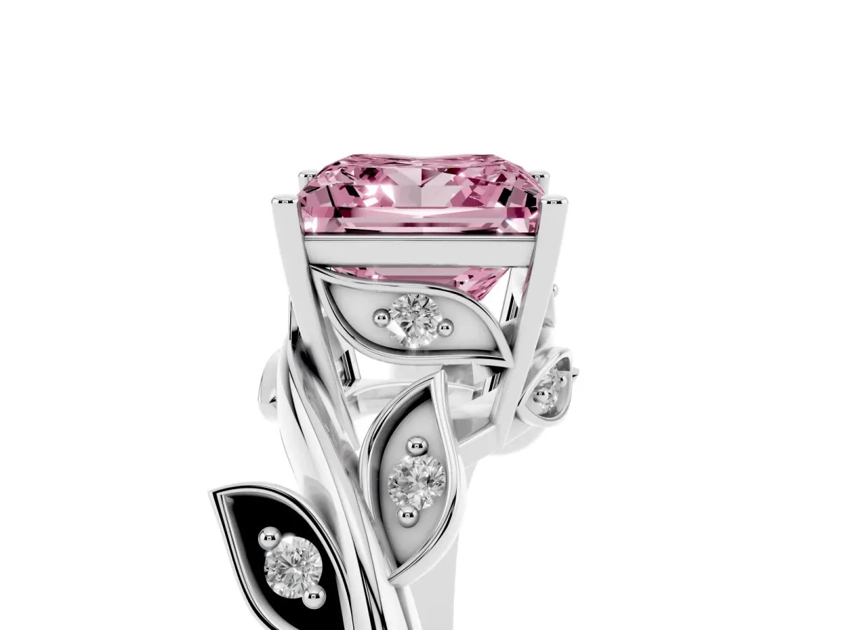 Fancy Pink Princess Cut Solitaire Twist Engagement Ring with Leaf Accents and Prong Setting Silver