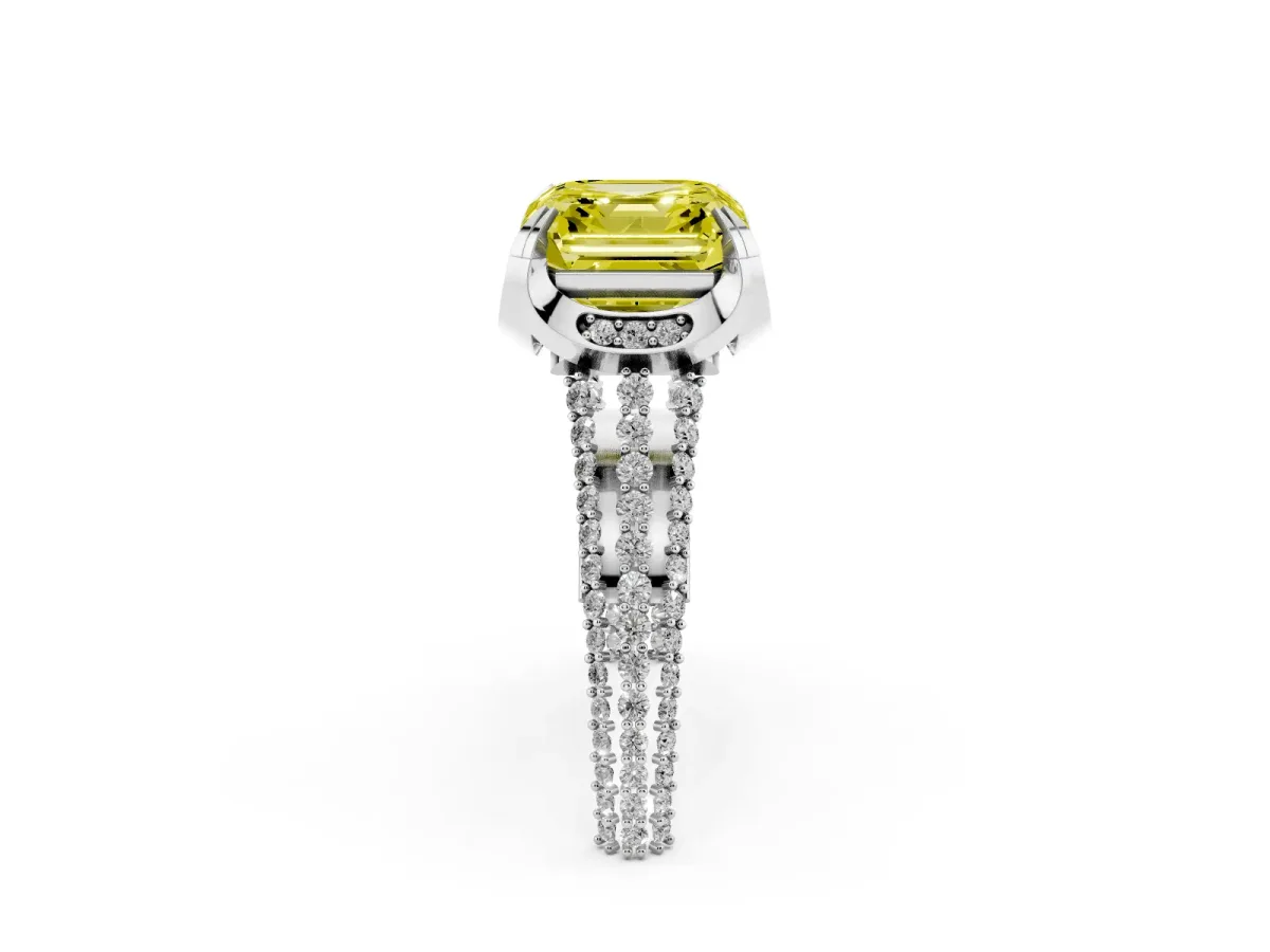 Fancy Yellow Asscher Cut Solitaire Pave Split Shank Ring with Four-Prong Setting Platinum