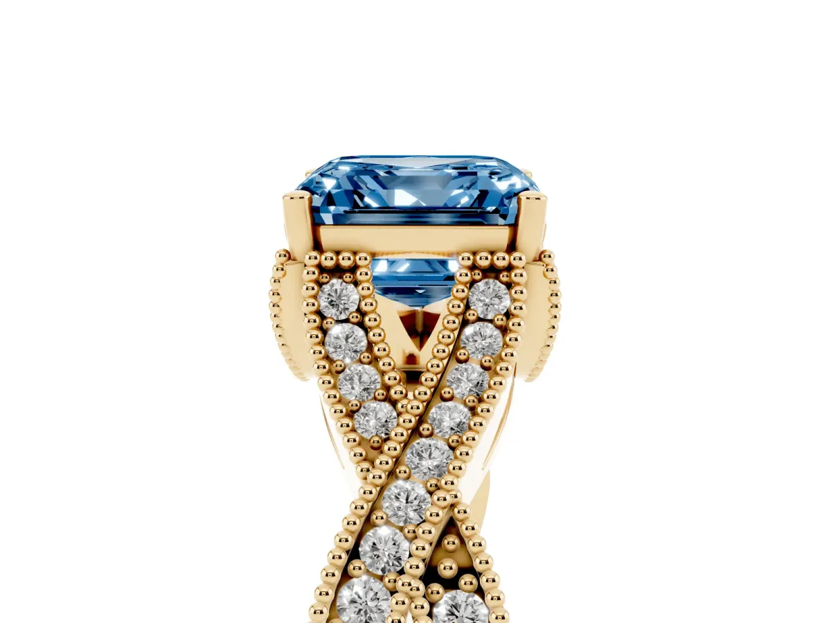 Fancy Blue Asscher Cut Cut Diamond Twisted Band with Milgrain Pave Setting and Four-Prong Setting Yellow gold