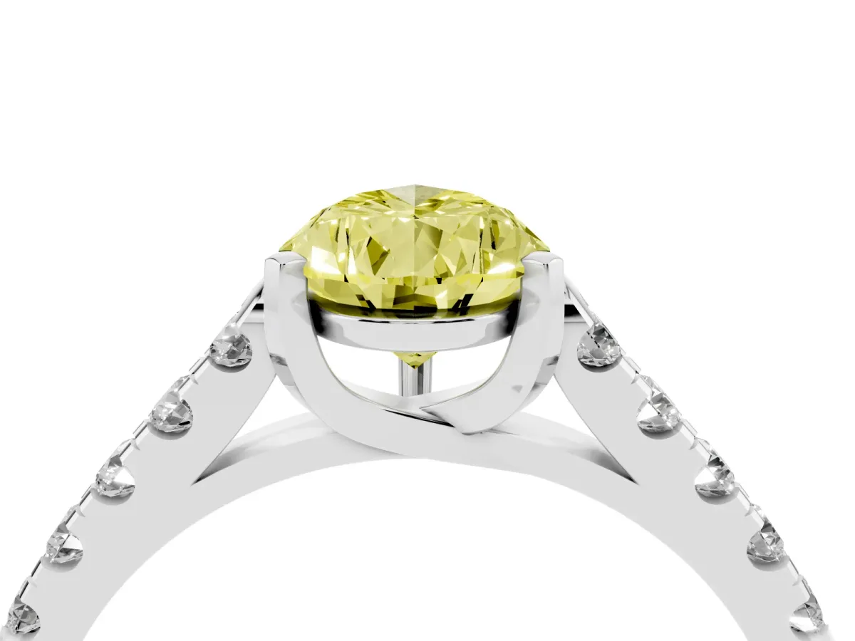 Fancy Yellow Pear Cut Diamond Pavé Band Solitaire Ring with Prong Setting Silver