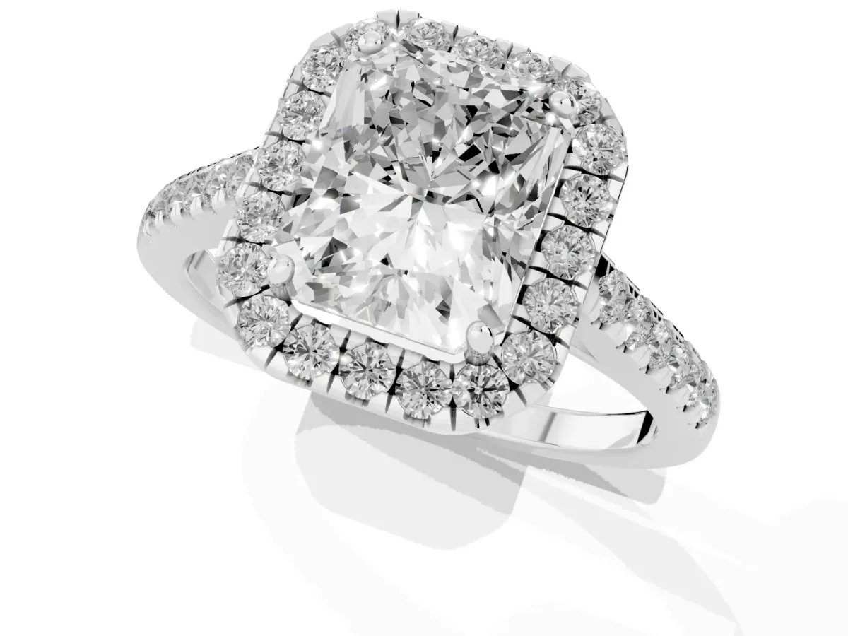 Radiant Cut Halo Pave Diamond Engagement Ring with Four-Prong Setting Silver