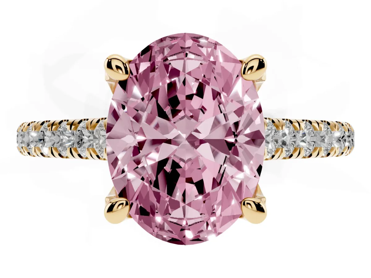Fancy Pink Oval Cut Brilliant Diamond Solitaire with Pavé Band and Four-Prong Setting Yellow gold