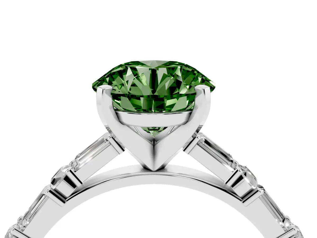 Fancy Green Round Cut Diamond Solitaire with Side Baguettes and Channel Set Band Silver
