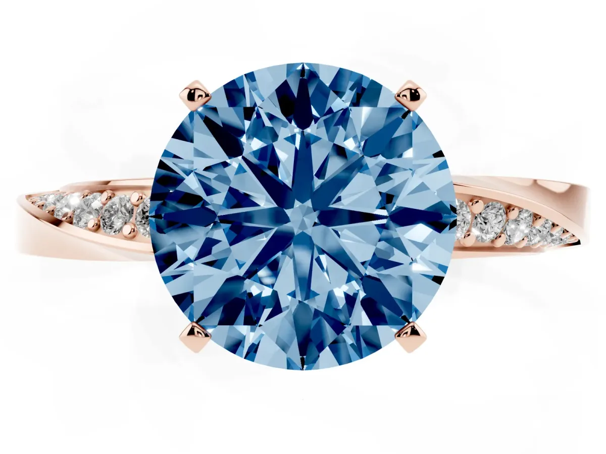 Fancy Blue Round Cut Diamond Engagement Ring with Side Stone Accents and Four-Prong Setting Rose gold