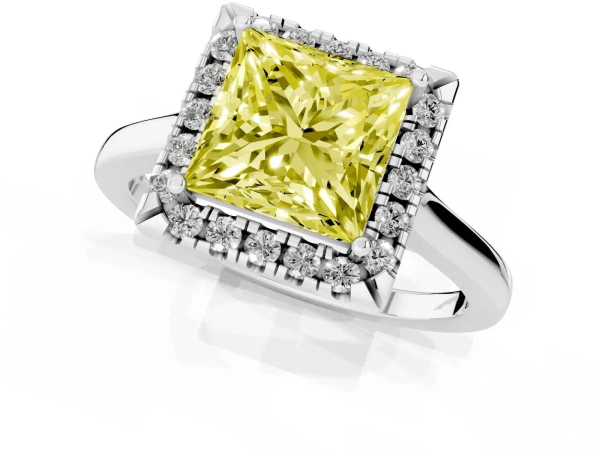 Fancy Yellow Princess Cut Halo Round Diamond Solitaire Ring with Pavé Band and Four-Prong Setting White gold