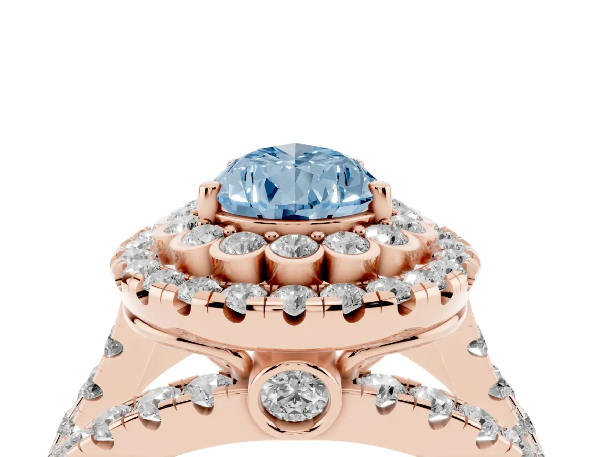 Fancy Blue Pear Cut Diamond Double Halo Ring with Round Pavé Split Shank and Prong Setting Rose gold