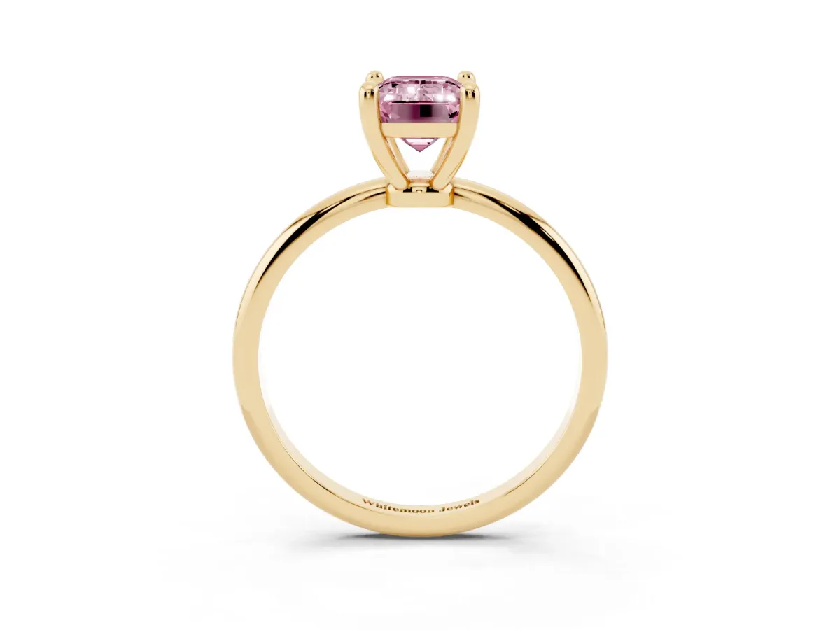 Fancy Pink Emerald Cut Solitaire Diamond Ring with 4-Prong Setting on a Classic Band Yellow gold