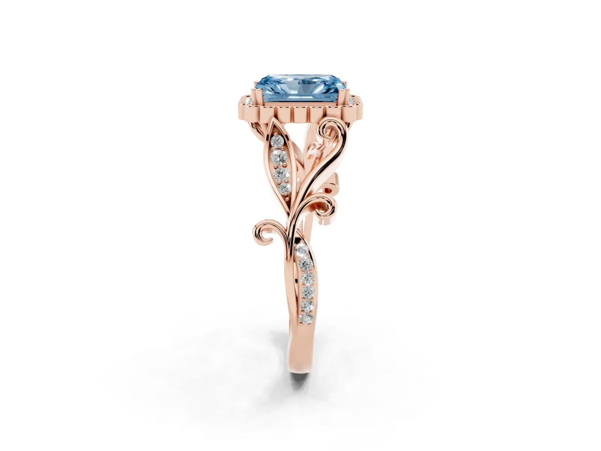 Fancy Blue Radiant Cut Diamond Halo Ring with Vintage Split Shank and Four-Prong Setting Rose gold