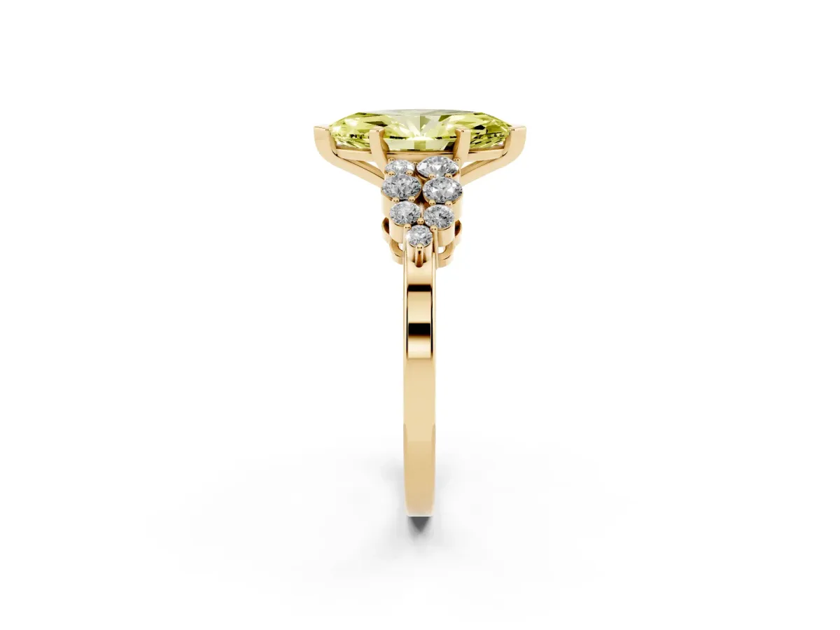 Fancy Yellow Marquise Cut Cluster Diamond Engagement Ring with Pavé Band and Four-Prong Setting Yellow gold