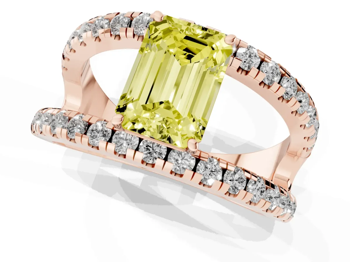 Fancy Yellow Emerald Cut Solitaire Split Shank Pave Diamond Ring Rose gold