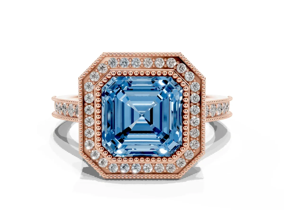 Fancy Blue Halo Asscher Cut-Cut Diamond Pave Band Milgrain Prong Setting Ring Rose gold