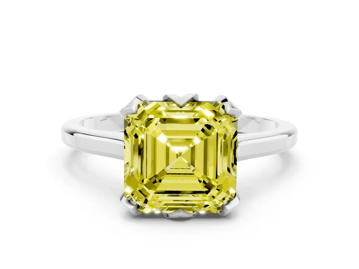 Fancy Yellow Asscher Cut Diamond Solitaire Ring with Flower Prong Setting and Classic Band Silver