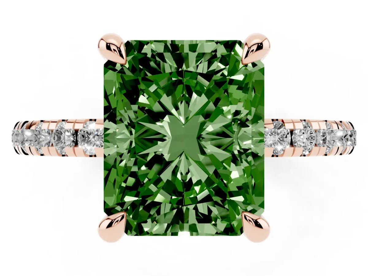 Fancy Green Radiant Cut Diamond Brilliant Solitaire Ring with Pavé Band and Four-Prong Setting Rose gold