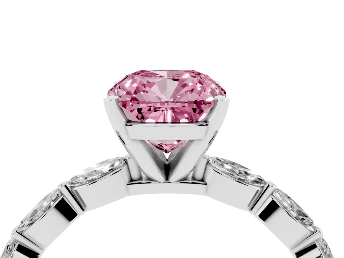 Fancy Pink Cushion Cut Diamond Ring with Marquise Side Stones and Prong Setting White gold