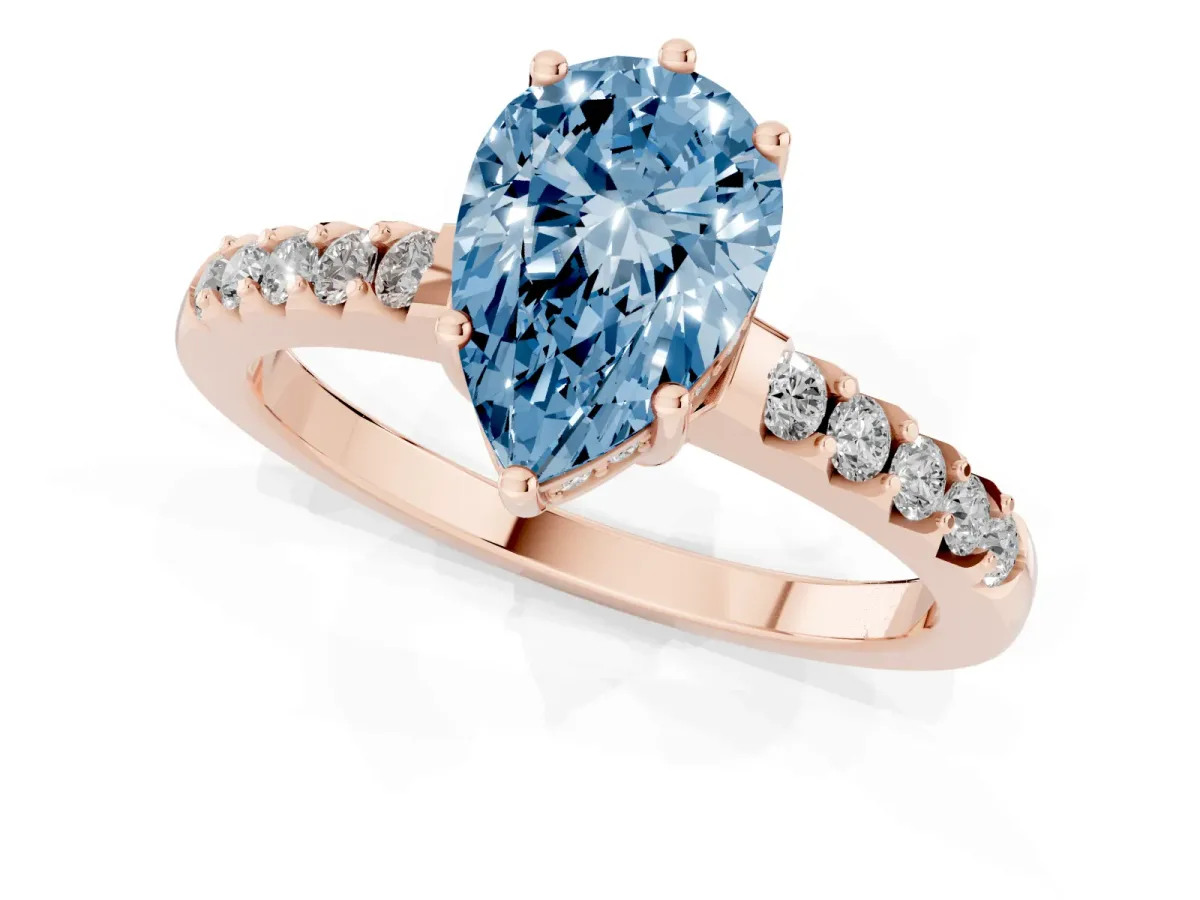 Fancy Blue Pear Cut Solitaire Diamond Engagement Ring with Pavé Band and Six-Prong Setting Rose gold